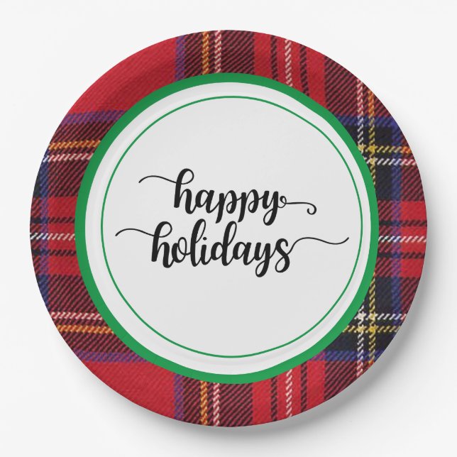 Red Green Plaid Party Christmas Party Supplies Paper Plate (Front)