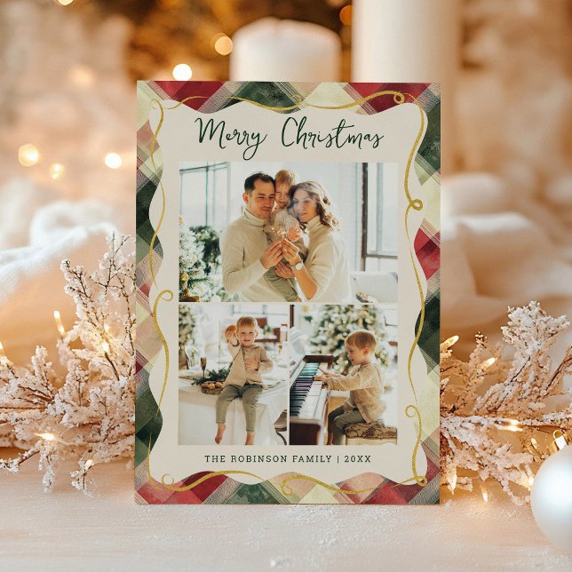 Red Green Plaid Pattern Merry Christmas 3 Photo Holiday Card (Creator Uploaded)