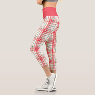 Red Green Plaid Pattern on White Capri Leggings