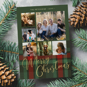 Red green plaid photo collage Merry Christmas Holiday Card