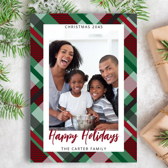 Red Green Plaid Photo Modern Happy Holidays  Holiday Card (Bold modern red & green plaid design, fully customizable front photo, name, & year, full-plaid back.)