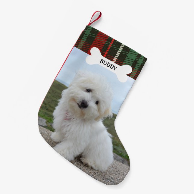 Red Green Plaid Rustic Dog Bone Pet Photo Small Christmas Stocking (Front (Hanging))