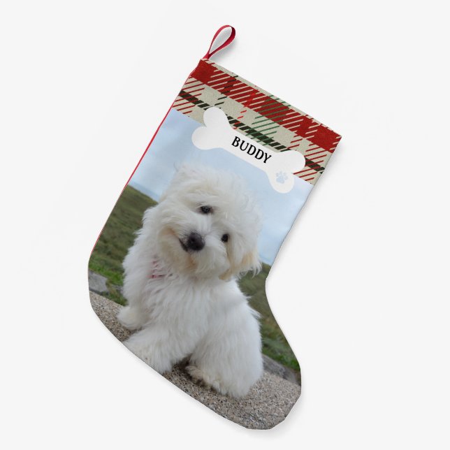 Red Green Plaid Rustic Dog Bone Pet Photo Small Christmas Stocking (Front (Hanging))