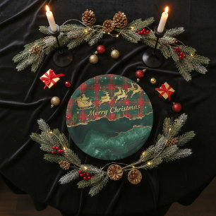 Red Green Plaid Santa Sleigh Merry Christmas Paper Plate