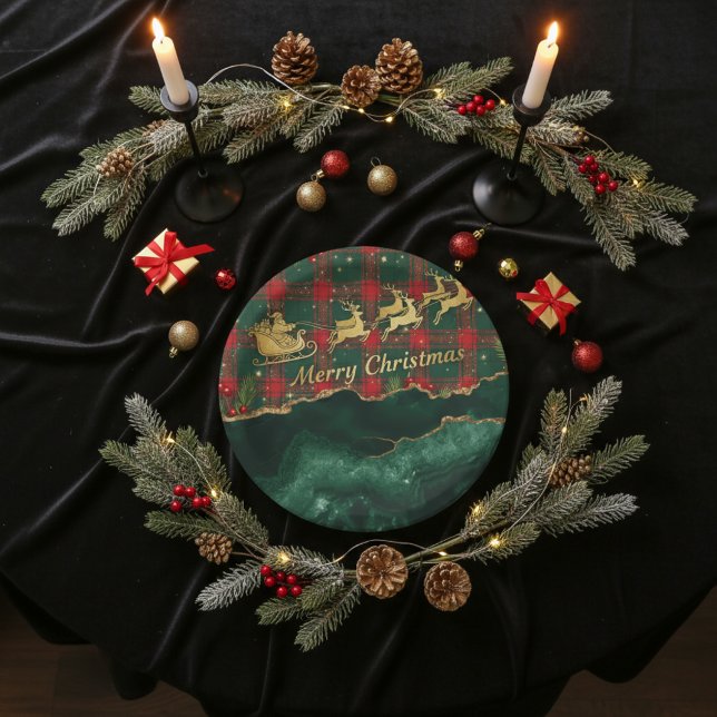 Red Green Plaid Santa Sleigh Merry Christmas Paper Plate (Creator Uploaded)