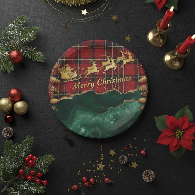 Red Green Plaid Santa Sleigh Merry Christmas Paper Plate (Creator Uploaded)