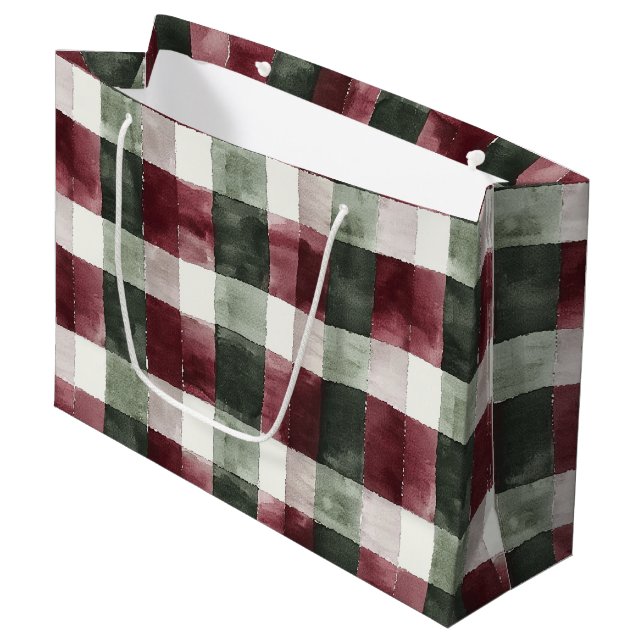 Red Green Plaid Stripes Rustic Christmas Large Gift Bag (Front Angled)