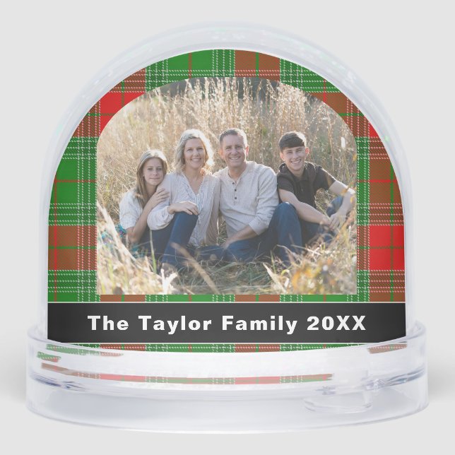 Red & Green Plaid Tartan Family Photo Christmas Snowglobe (Back)