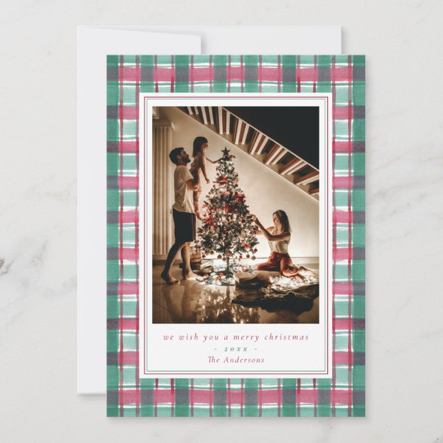 Red Green Plaid Watercolor Flannel Family Photo Holiday Card (Front)