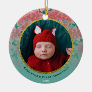 Red & Green Poinsettia Baby's First Christmas Ceramic Tree Decoration