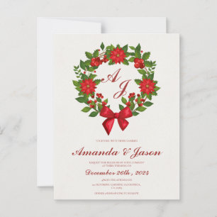 Red Green Poinsettia Berries Christmas wedding Postcard