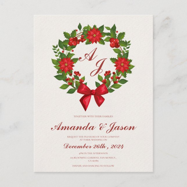 Red Green Poinsettia Berries Christmas wedding Postcard (Front)