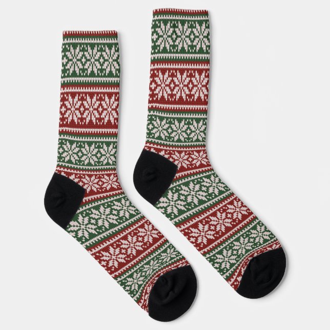Red Green Poinsettia Flower Pattern Socks (Right)