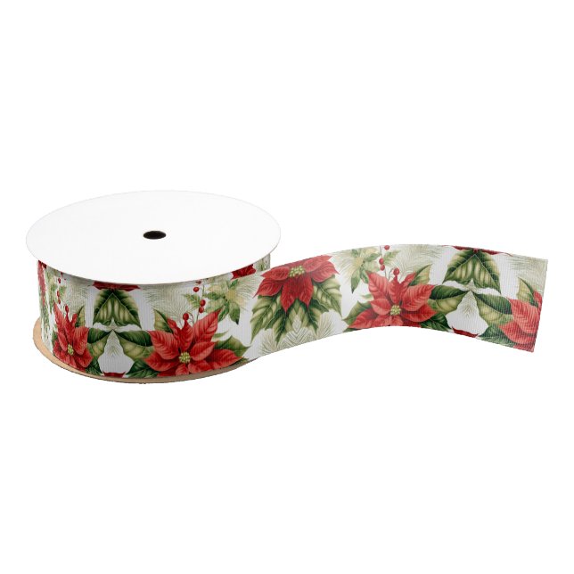 Red Green Poinsettia Holly Berry Christmas Holiday Grosgrain Ribbon (Spool)