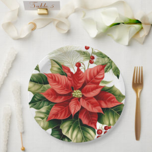 Red Green Poinsettia Holly Berry Christmas Holiday Paper Plate