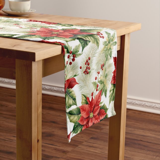 Red Green Poinsettia Holly Berry Christmas Holiday Short Table Runner (In Situ)