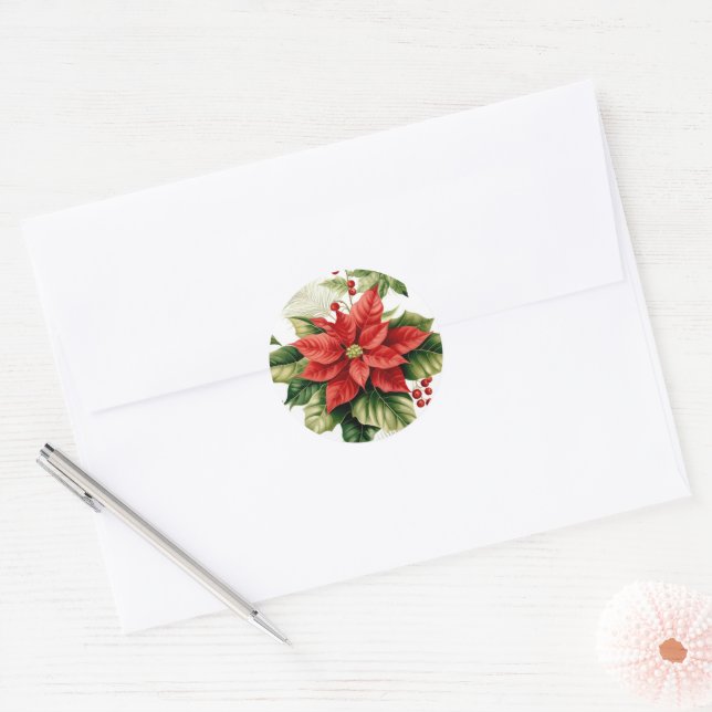 Red Green Poinsettia Holly Christmas Holiday Classic Round Sticker (Envelope)