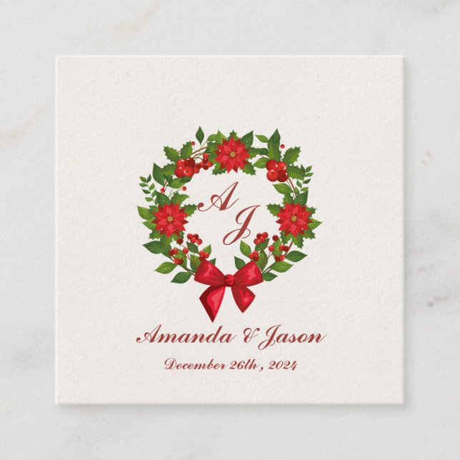 Red Green Poinsettia Monogram Christmas wedding Enclosure Card (Front)