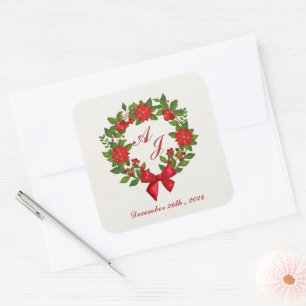 Red Green Poinsettia Monogram Christmas wedding Square Sticker