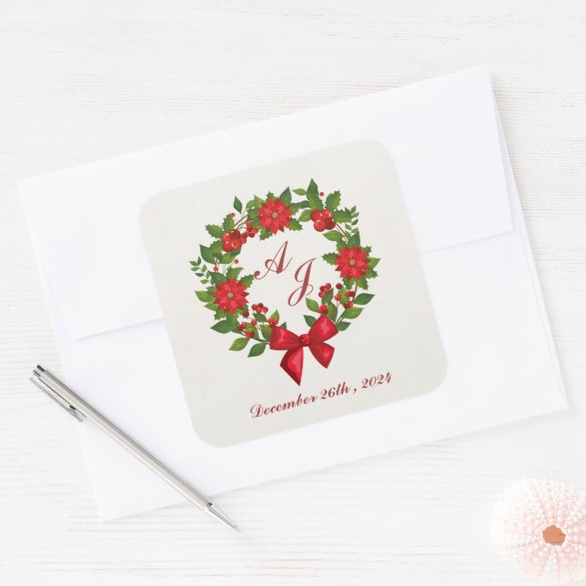 Red Green Poinsettia Monogram Christmas wedding Square Sticker (Envelope)