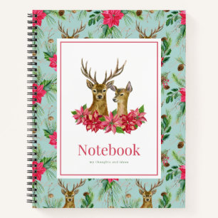 Red Green Poinsettia Wreath Antler Christmas Notebook