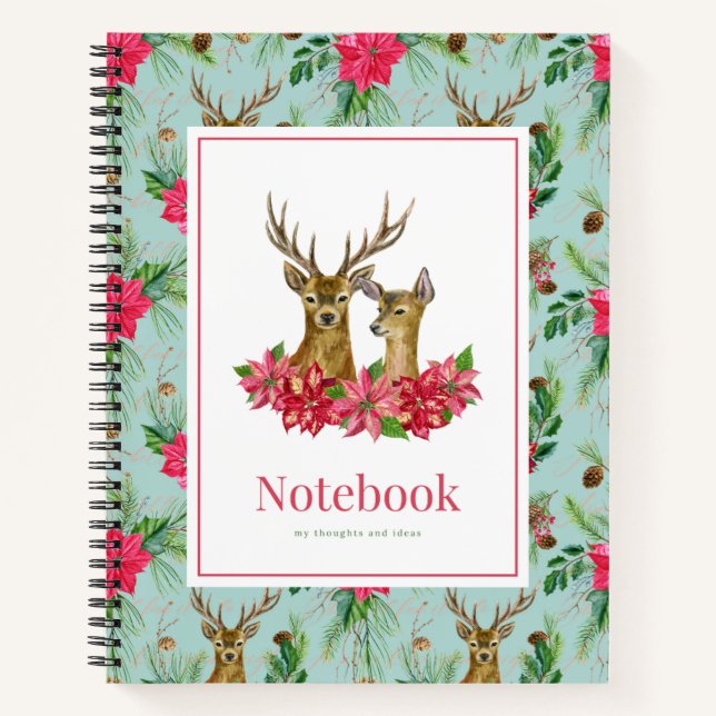 Red Green Poinsettia Wreath Antler Christmas Notebook (Front)