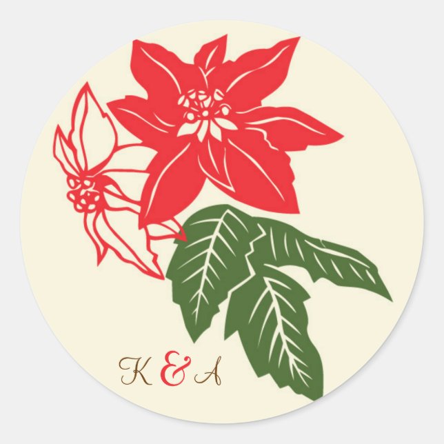 Red & Green Poinsettias Christmas Wedding Classic Round Sticker (Front)