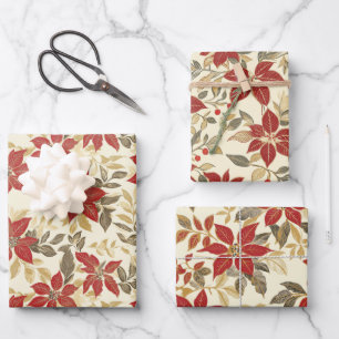 Red Green Poinsettias Vintage Christmas Wrapping Paper Sheet