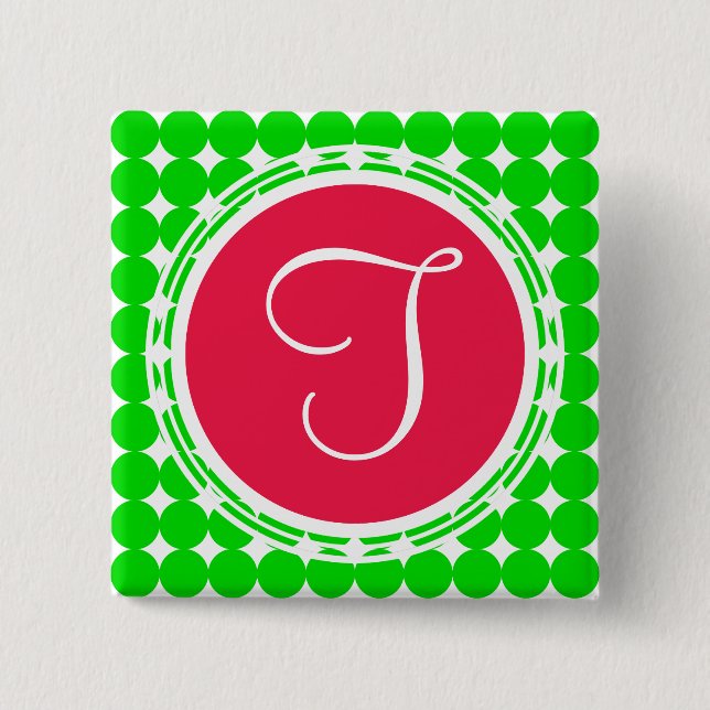 Red & Green Polka Dot Monogram 15 Cm Square Badge (Front)