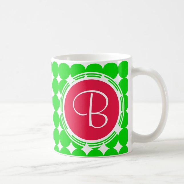 Red & Green Polka Dot Monogram Coffee Mug (Right)