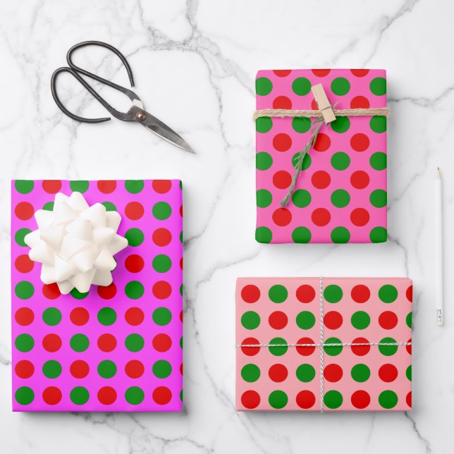 Red Green Polka Dot Pattern Pink Christmas Wrapping Paper Sheet (Front)