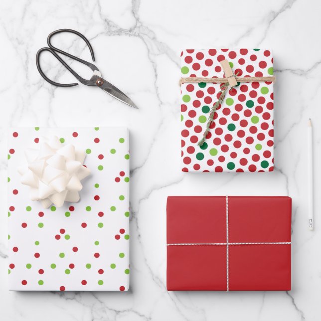 Red & Green Polka Dots Christmas Coordinated   Wrapping Paper Sheet (Front)