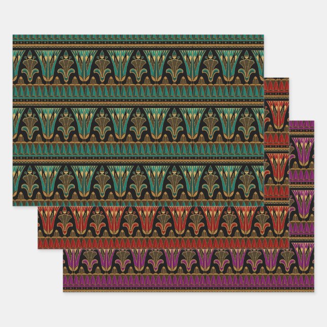 Red, Green, Purple and Gold Art Deco Wrapping Paper Sheet (Set)