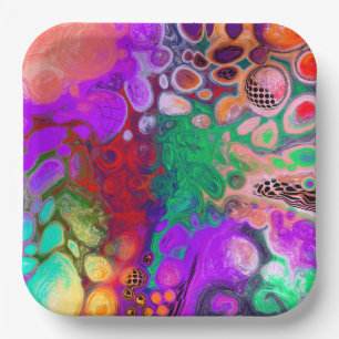 Red, Green, Purple Colourful Digital Fluid Art  Paper Plate