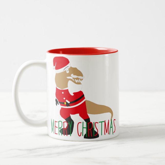 red green reindeer santa claus dinosaurs character Two-Tone coffee mug (Left)