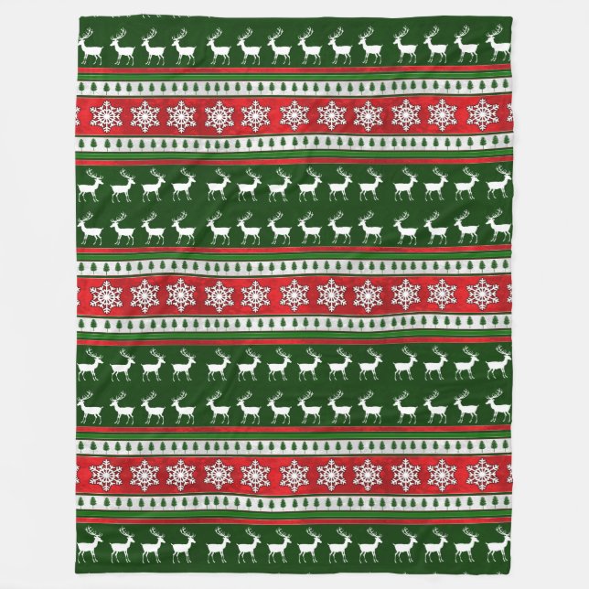 Red green reindeer snowflake large fleece blanket (Front)