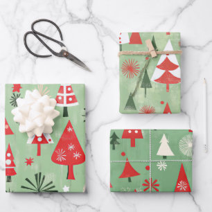 Red Green Retro Christmas Trees Wrapping Paper Sheet