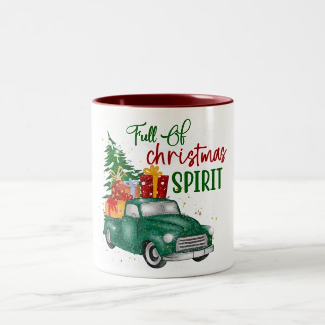 Red Green Retro Christmas Truck Snowy Illustration Two-Tone Coffee Mug (Center)