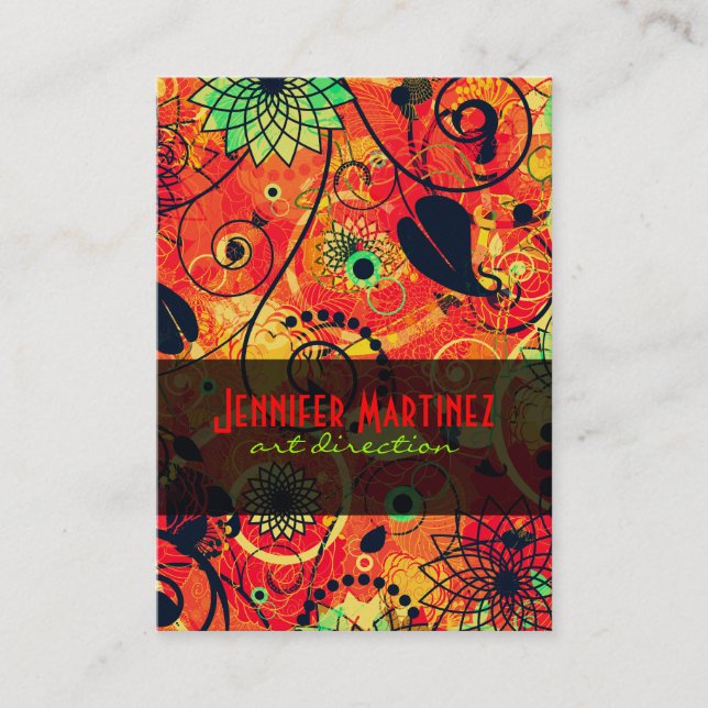 Red & Green Retro Floral Collage Business Card (Front)