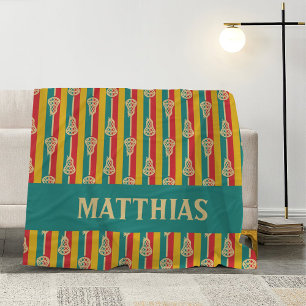 Red & Green Retro Lacrosse Sticks and Stripes Fleece Blanket
