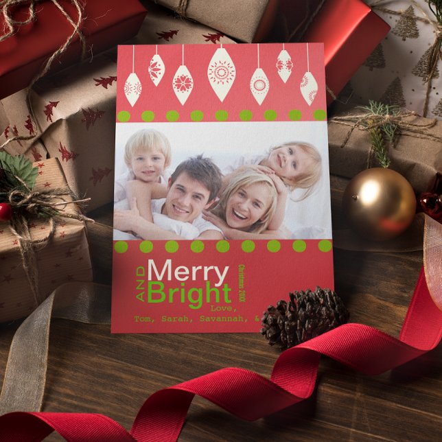 Red Green Retro Merry and Bright Family Photo Card (Creator Uploaded)