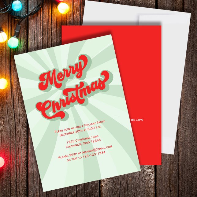 Red Green Retro Merry Christmas Custom Invitation (Merry Christmas Holiday party invitation with green and red retro-style typography.)