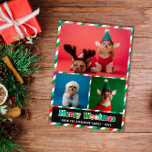 Red Green Retro Merry Woofmas Photo Collage Holiday Card<br><div class="desc">Dog themed Merry Christmas photo card with stripes in pink, green, red, and white along with Merry Woofmas written across beneath three photos of you dog(s) in a retro groovy font in red, pink, and green. Merry Woofmas! This funny dog-themed Christmas card is the perfect way to send your holiday...</div>