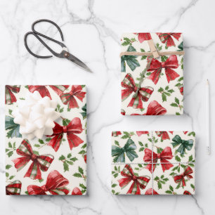 Red Green Retro Plaid Bows Christmas Wrapping Paper Sheet