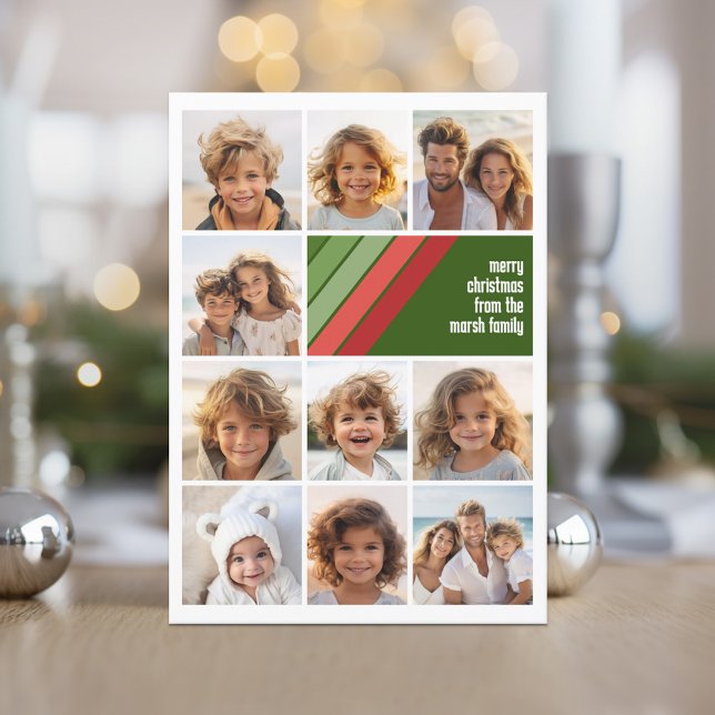 Red Green Retro Stripes - 10 Photo Collage Holiday Card (Red and Green Retro Stripe Holiday Card with an 10 Photo Collage template)