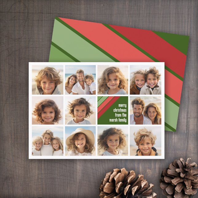 Red Green Retro Stripes - 11 Photo Collage Holiday Card (Red and Green Retro Stripe Holiday Card - 11 Photo Template - Print and Download Options)