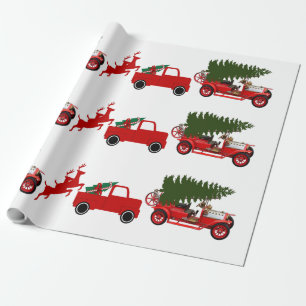 Red Green Retro Truck Reindeer Christmas Cargo  Wrapping Paper