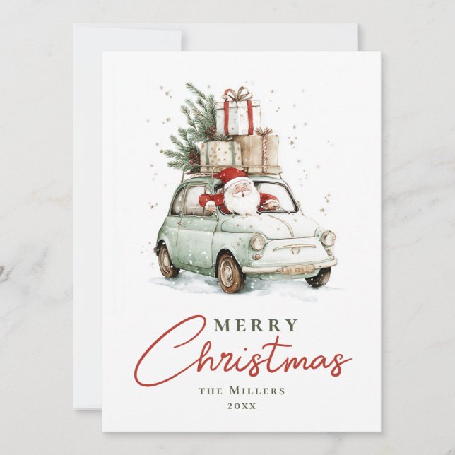 Red Green Santa Car Watercolor Christmas Holiday Card (Front)
