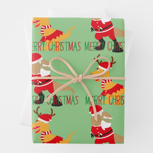 red green santa claus reindeer dinosaurs character wrapping paper sheet (In situ)