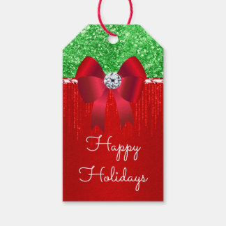 Red green satin bow glitter DIY Christmas wish Gift Tags